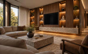 Illustrative walnut cabinetry living room; sample interior image