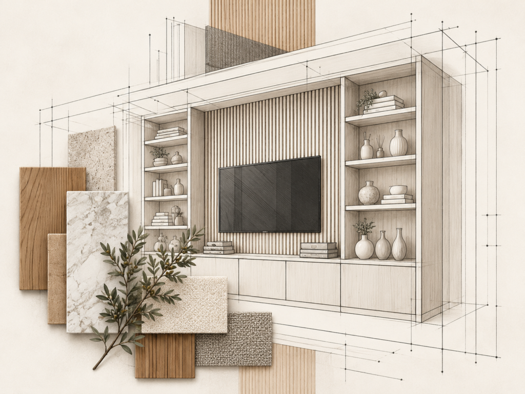 Concept illustration of custom TV cabinetry with architectural linework and material samples